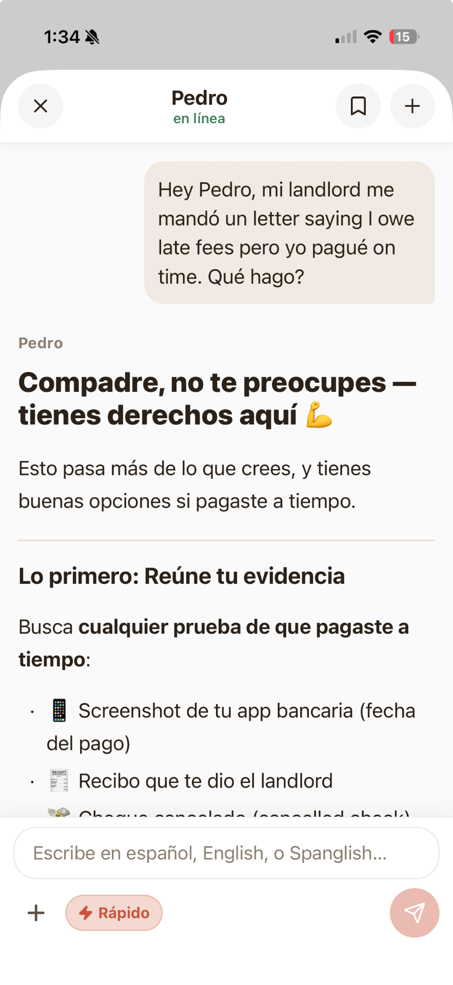 Chat con Pedro en Spanglish sobre late fees del landlord